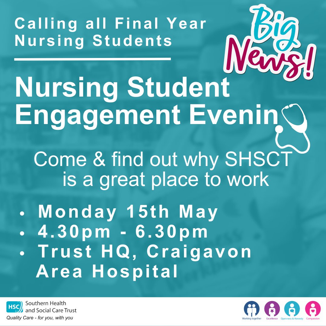We are excited to host our Nursing Student Engagement evening to help final year nursing students decide if they would like to come &amp; work for #teamSHSCT. 🏥
📅 Mon 15 May
⏲️ 4.30pm - 6.30pm
📍 Trust HQ, Craigavon
🔗pulse.ly/zgmsekpyrk