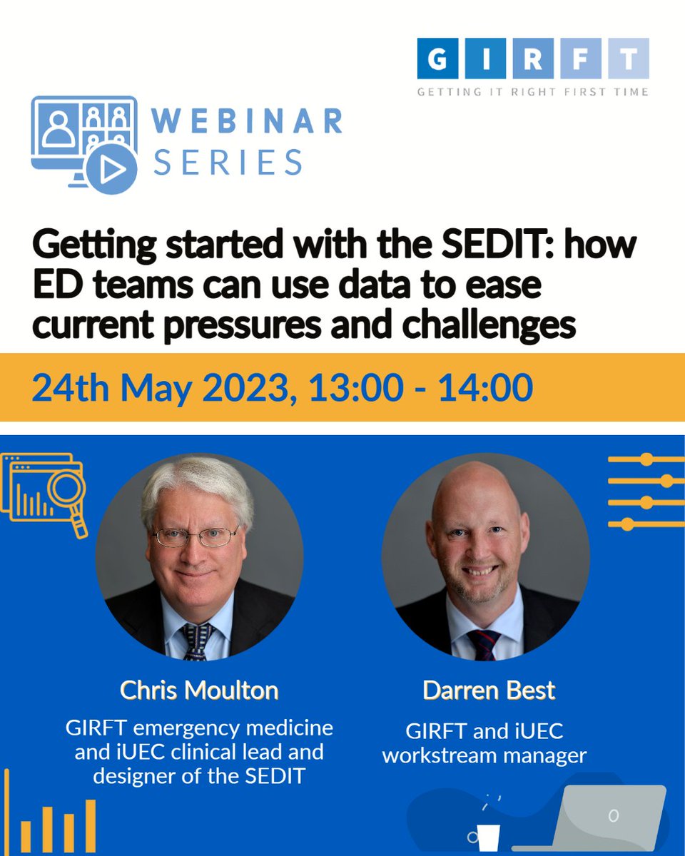NHSGIRFT's tweet photo. V5.0 of the GIRFT #EM portal, the Summary Emergency Department Indicator Table (#SEDIT), is now live!
To support this latest update to platform functionality and data insights, we're hosting a webinar in 2 weeks time!
๐๏ธ 24 May
โ๏ธ 1230-1330
Read more:
https://t.co/bwYa9IIOaM https://t.co/tf6FzhCXVM