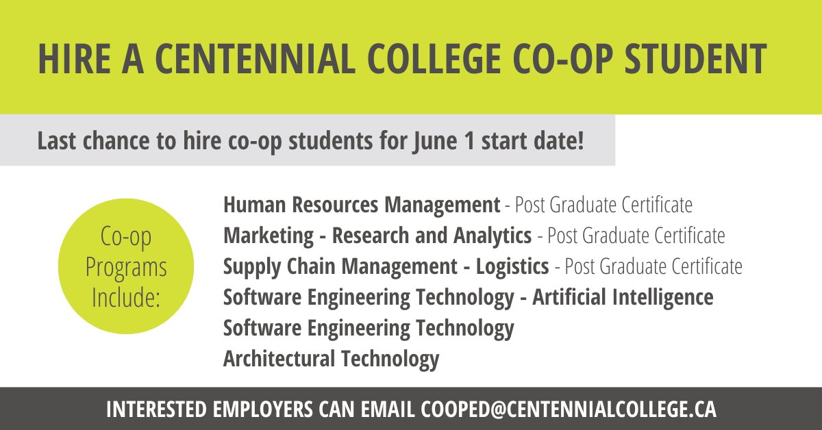 CentennialSolv's tweet photo. Are you looking for skilled talent to fulfill your short-term staffing needs? Hire a @CentennialEDU co-op student trained in one of our many professional programs before June 1. Time is limited -- Email cooped@centennialcollege.ca today!
#GetReadyToHire #Hiring #Coop https://t.co/tMXPfrT6ia