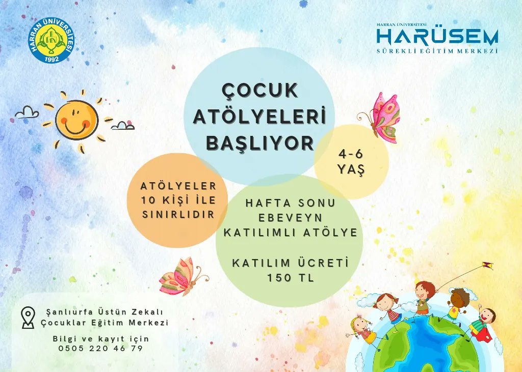 Eğlenirken öğrenmeyi amaçladığımız çocuk atölyelerimiz başlıyor. Atölye bilgileri, seansları ve daha fazla bilgi için web sitemizi ziyaret edebilirsiniz.

harusem.harran.edu.tr/kurs/cocuk-ato…