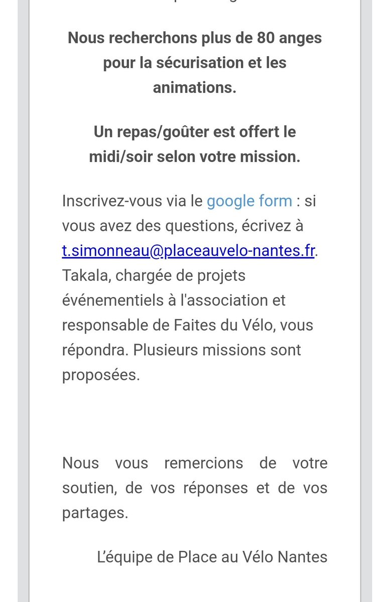 ludovelododo's tweet photo. Le 3 et 4 juin c'est la faites du vélo.
@PAVelo_Nantes a besoin de 80 anges pour la sécurisation et les animations.
J'ai été ange gardien il y a 4 ans. Il y avait une très bonne ambiance.
Si cela vous intéresse c'est ici ⬇️
https://t.co/79lQM32UkB
#nantes #veloparade https://t.co/uTEYCnTmBV