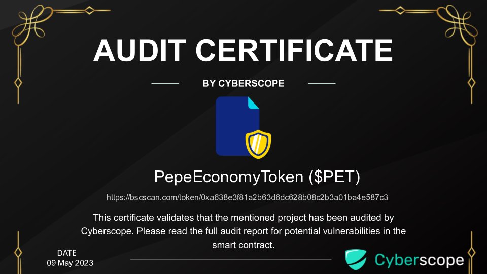 We just finished auditing
 <a href="/PepeEconomy/">PepeEconomyToken</a>

Check the link below to see their full Audit report.
cyberscope.io/audits/1-pet

Want to get your project Audited?
cyberscope.io

#Audit #SmartContract #Crypto #Blockchain