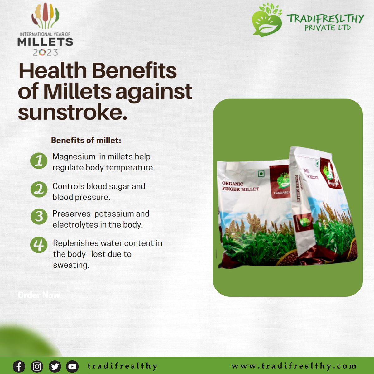 tradifreslthy's tweet photo. Health benefits of millet against sunstroke.
#fingermillet #ragi #healthyfood #millets #millet #healthylifestyle #healthy #indianfood #milletrecipes  #nutritiousfood #ragibites #eathealthy
#internationalyearofmillets2023 #internationalyearofmillets #odishamilletmission #iyom2023 https://t.co/OGxHMPLgDP