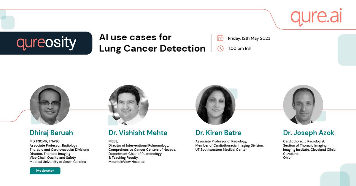 drruchibhatt's tweet photo. As a build-up to the #ATS2023 Conference, May 19 – 24, @qure_ai is bringing together the best names on a panel to discuss #lungcancer and #AI use cases. Join us on the 12th of May, 1 pm EST. Register here https://t.co/B1gLOrvV1A
@PresidentATS @CCCNevada https://t.co/8WHXTm2Heb