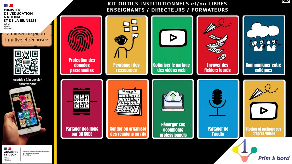 Enseignants 👩‍🏫 🧑‍🏫 | #OutilsNumériques

📌 Le kit « Outils numériques institutionnels et/ou libres »

▶️ primabord.eduscol.education.fr/le-kit-outils-…

✅ Envoyer des fichiers lourds
✅ Partager de l’audio
✅ Communiquer avec les collègues
✅ Stocker des vidéos
✅ ...