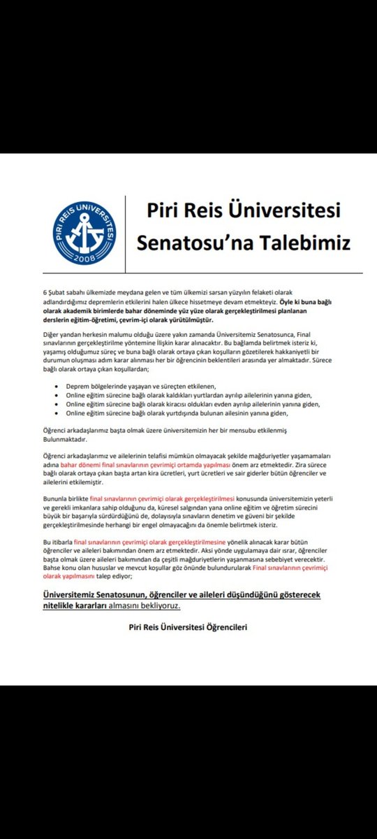AtaRhyme's tweet photo. Daha önce de olduğu gibi okulumuz öğrencilerini hiçbir zaman mağdur etmemiştir. Her zaman öğrenciler için çözüm odaklı olmuştur, bu nedenle Sayın Piri Reis Üniversitesi Senatosu Makamından öğrenci mağduriyetlerinin giderilmesini arz ve talep ederiz.
#pruogrencinimagduretme https://t.co/fYkZc38APo