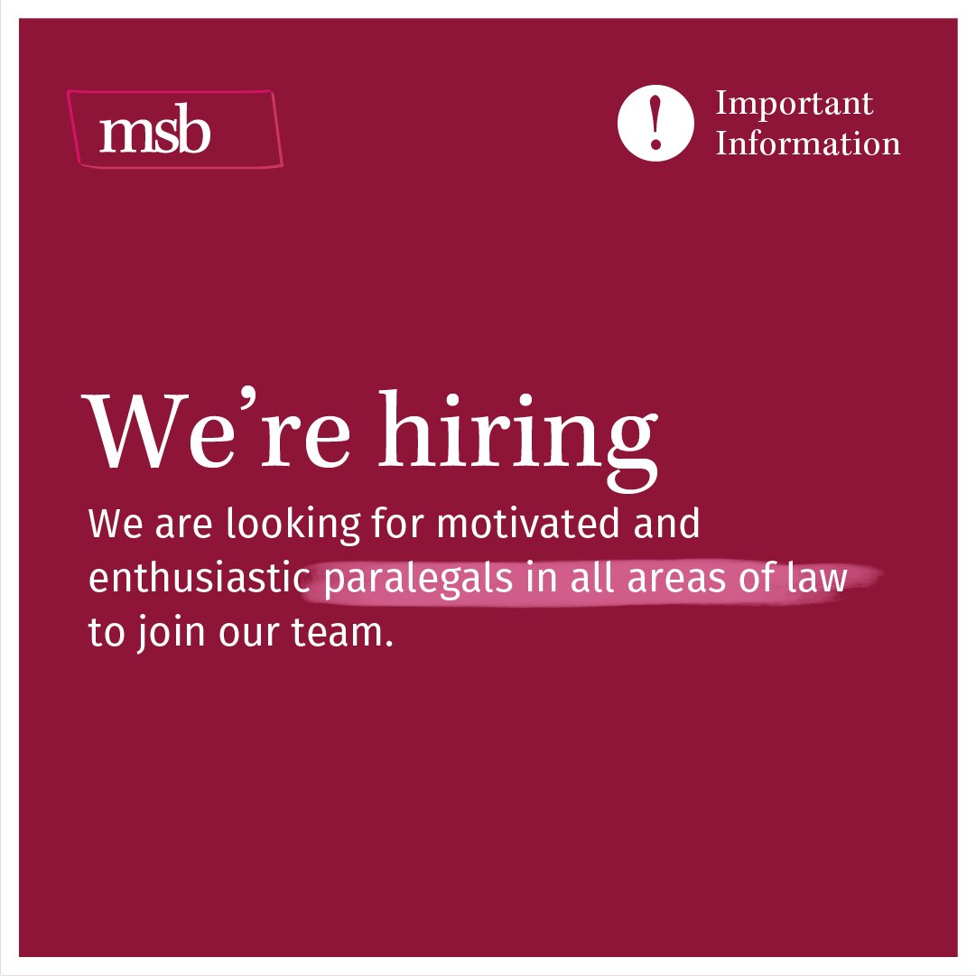 MSB Solicitors (@msbsolicitors) on Twitter photo We are looking for motivated and enthusiastic paralegals in all areas of law to join our team!
You'll need...
A strong academic record ✅
Excellent communication skills ✅
A keen interest in law ✅
If this is you, send your CV to hr@msbsolicitors.co.uk by May 31st, 2023 🧑⚖️ We are looking for motivated and enthusiastic paralegals in all areas of law to join our team!
You'll need...
A strong academic record ✅
Excellent communication skills ✅
A keen interest in law ✅
If this is you, send your CV to hr@msbsolicitors.co.uk by May 31st, 2023 🧑⚖️