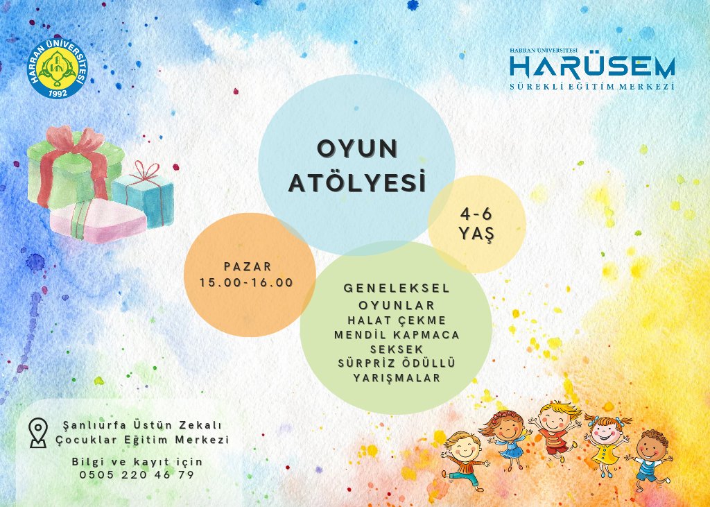 Çocuk atölyelerimiz detay için web sitemizi ziyaret edebilirsiniz.

harusem.harran.edu.tr/kurs/cocuk-ato…