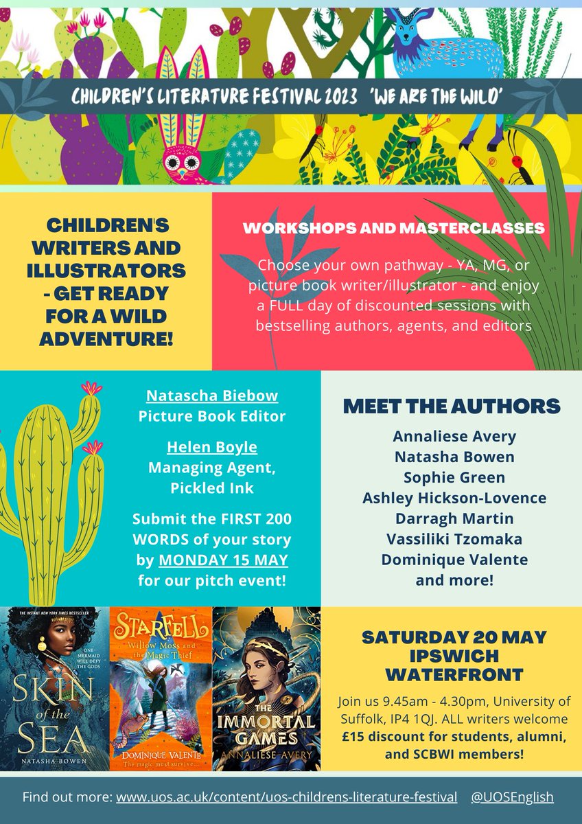 UOSEnglish's tweet photo. PB/MG/YA writers &amp; illustrators - submit the FIRST 200 WORDS of your story plus/or 2 ILLUSTRATIONS by Mon 15 May and be eligible for our agent/editor feedback at #SCLF2023!👏📚@uniofSuffolk @InklingPress @SCBWI_BI @SuffolkBookTalk 

➡️Event info + tickets https://t.co/Di2Se5UFnS https://t.co/M5PfgmvSiD