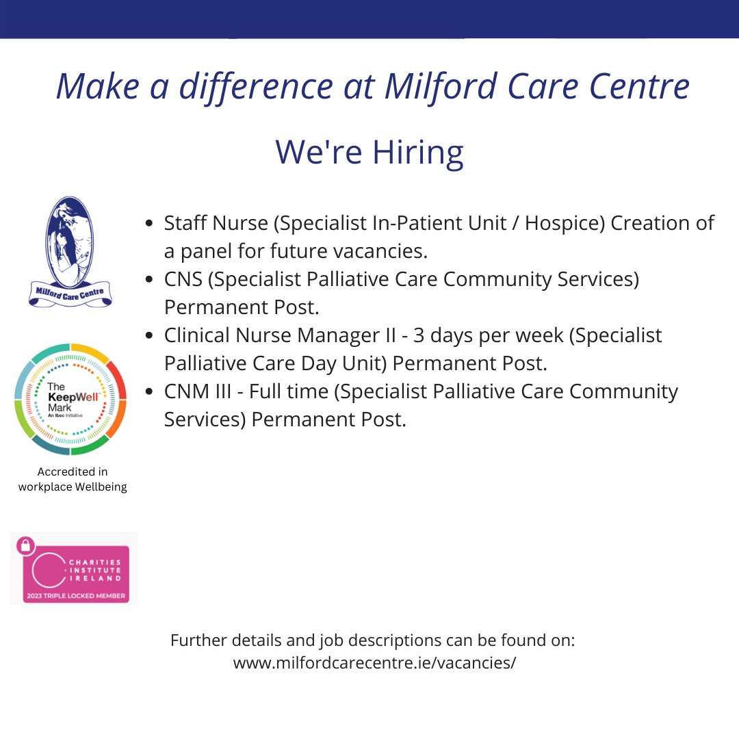 MilfordLmkCC's tweet photo. Join the team here in MCC! Please visit https://t.co/0A9z7pNs0L for more information. #healthcare #healthcarejobs #milfordcarecentre #milfordhospice #clinical #jobfairy #jobfairylimerick #jobfairyireland #recruitment https://t.co/lEPcIVWYQK