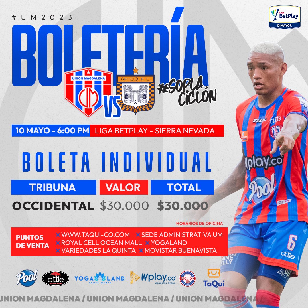 Precio de boletería para el juego Unión Magdalena 🆚 Boyacá Chicó, por la fecha 5 en el 🏟️ Sierra Nevada, este miércoles a las 6:00 P.M.

Occidental General: $30.000

👨‍👦Niños de 5 a 12 años ingresan gratis con adulto responsable.