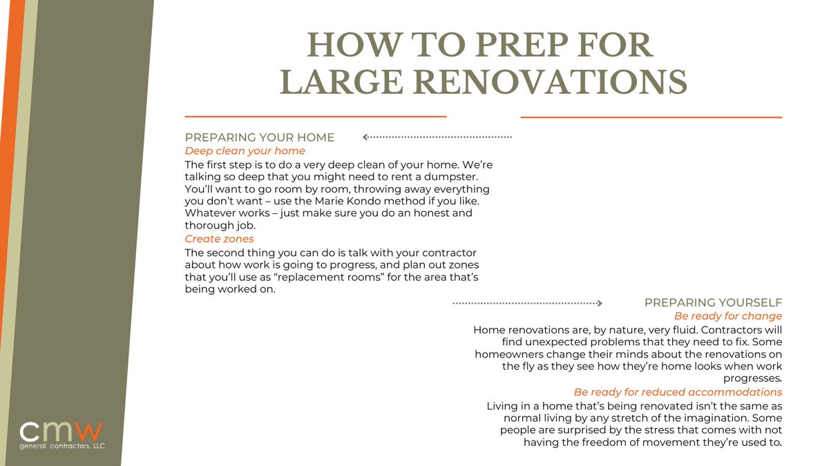 CMWContractors's tweet photo. There are a few ways that you can prepare for renovations, but the ones listed are some of the most important. You’ve ensured peace of mind for yourself, your neighbors and family, and your contractors – that’s going to make everything else go a lot more smoothly. https://t.co/nvQliuWpE8