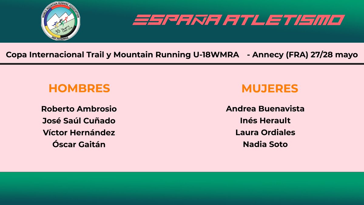 El futuro del trail running 🇪🇦 se cita en Annecy 🇫🇷

#EspañaAtletismo en la Copa Internacional Sub18 de Mountain Running WMRA 

📆 27 mayo

Más info 📝 bit.ly/3VM3Pu5

#PasiónPorCompetir