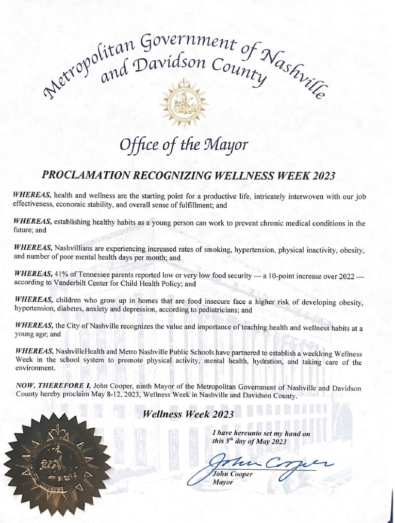 nashhealthorg's tweet photo. THANK YOU to @JohnCooper4Nash for proclaiming May 8-12 as Wellness Week in Nashville to promote physical activity, mental health, hydration, &amp; the environment! We appreciate you recognizing the importance of teaching health &amp; wellness habits early. #MNPSWellnessWeek2023 https://t.co/qNPXiwhKGC