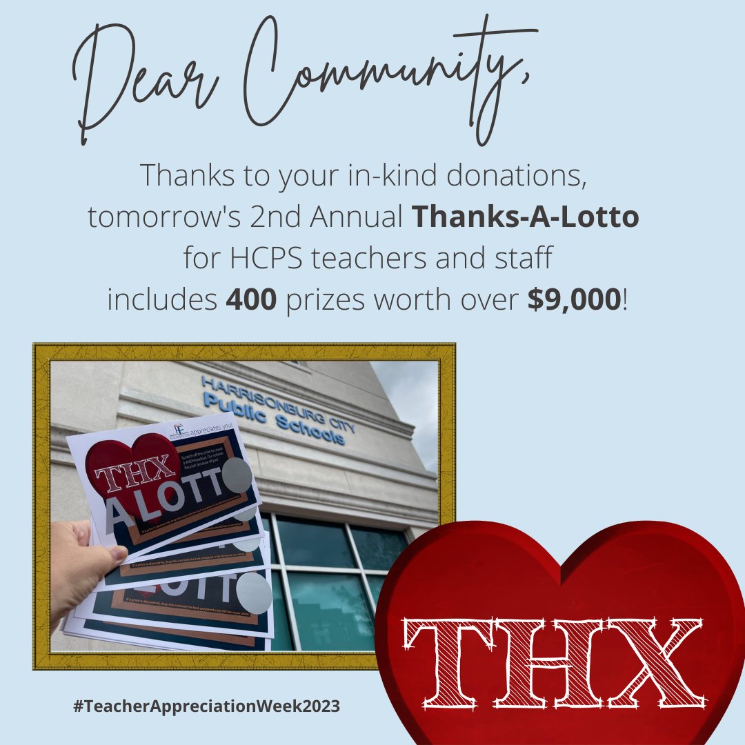 Thanks- A-Lotto is coming! Thank you to our in-kind donors! harrisonburgeducationfoundation.com/lottothanks.ht…
#teacherappreciationweek #HEFshoutout  #thanksHCPS