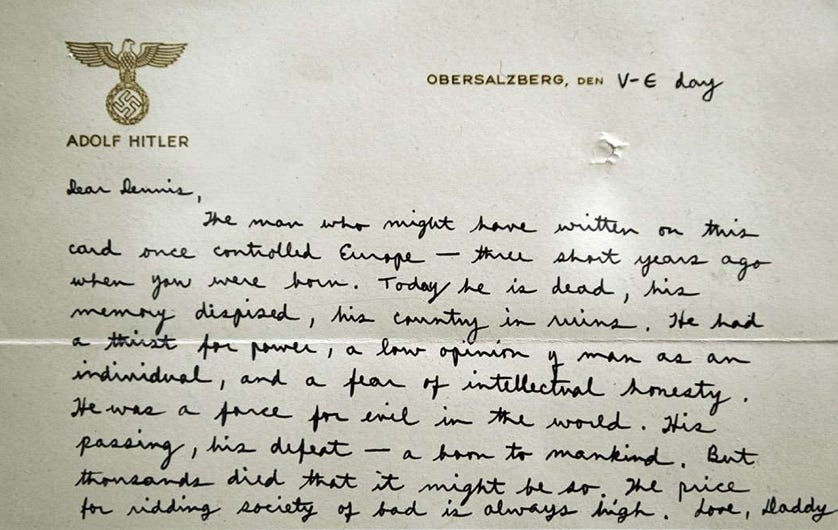 RealTimeWWII's tweet photo. In Germany, American intelligence officer Richard Helms writes to his 3-year old son, Dennis, on Adolf Hitler's stationery: "The man who might have written on this card once controlled Europe... Today he is dead, his memory despised, his country in ruins." https://t.co/U022WmYlPi https://t.co/A2Z7SMFAgh