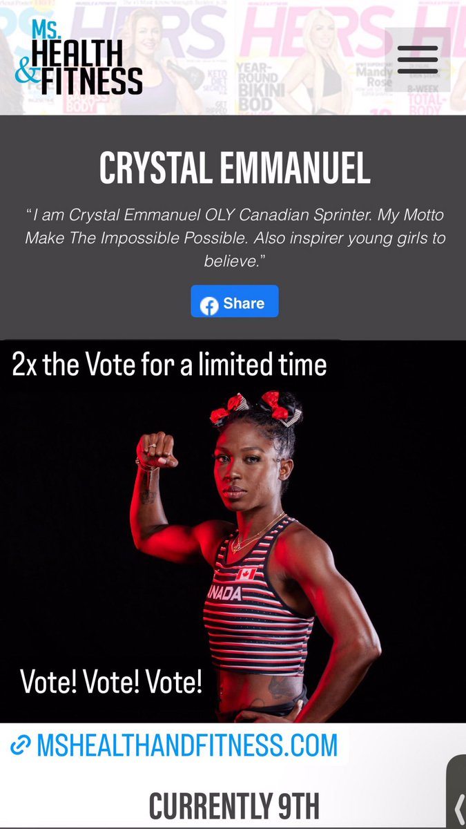 Hey guys please go and vote for my girl  Crystal to be on the cover of Muscle & Fitness HERS Magazine. VOTE VOTE VOTE!! #QB #QUEENBEAST 

 @CrystalEmm91 
Her IG: Crysyboo 

mshealthandfitness.com/2023/crystal-e…