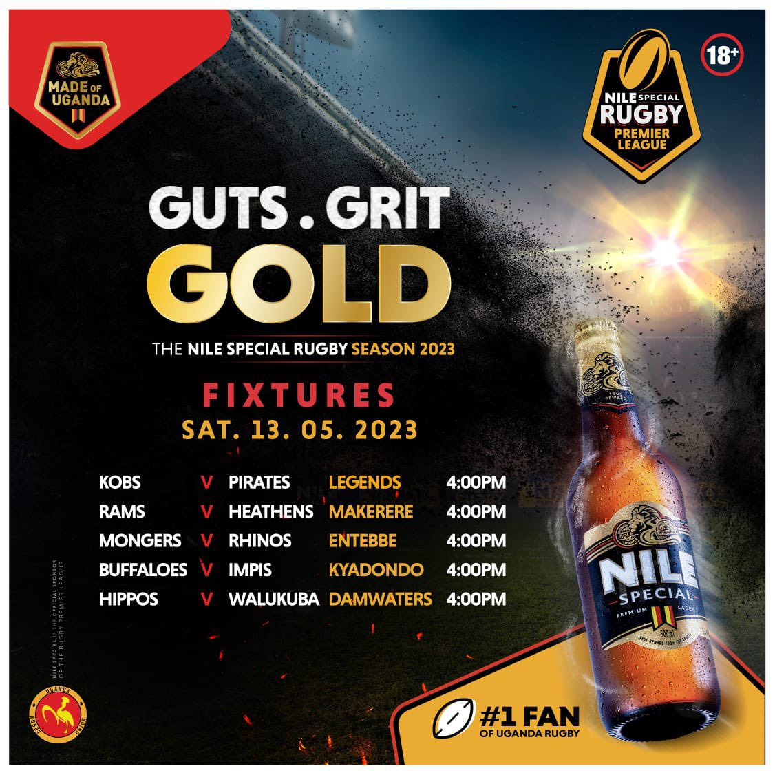 NileSpecial's tweet photo. The last dance. All games will be kicking off at 4pm on the final weekend of the 2023 #NileSpecialRugby Premier League. 🏉

Fun. Banter. Gold.

Let’s crown the season off the Nile Special way. 💪🏾 #GutsGritGold ⭐️ https://t.co/MIUVY7MctE