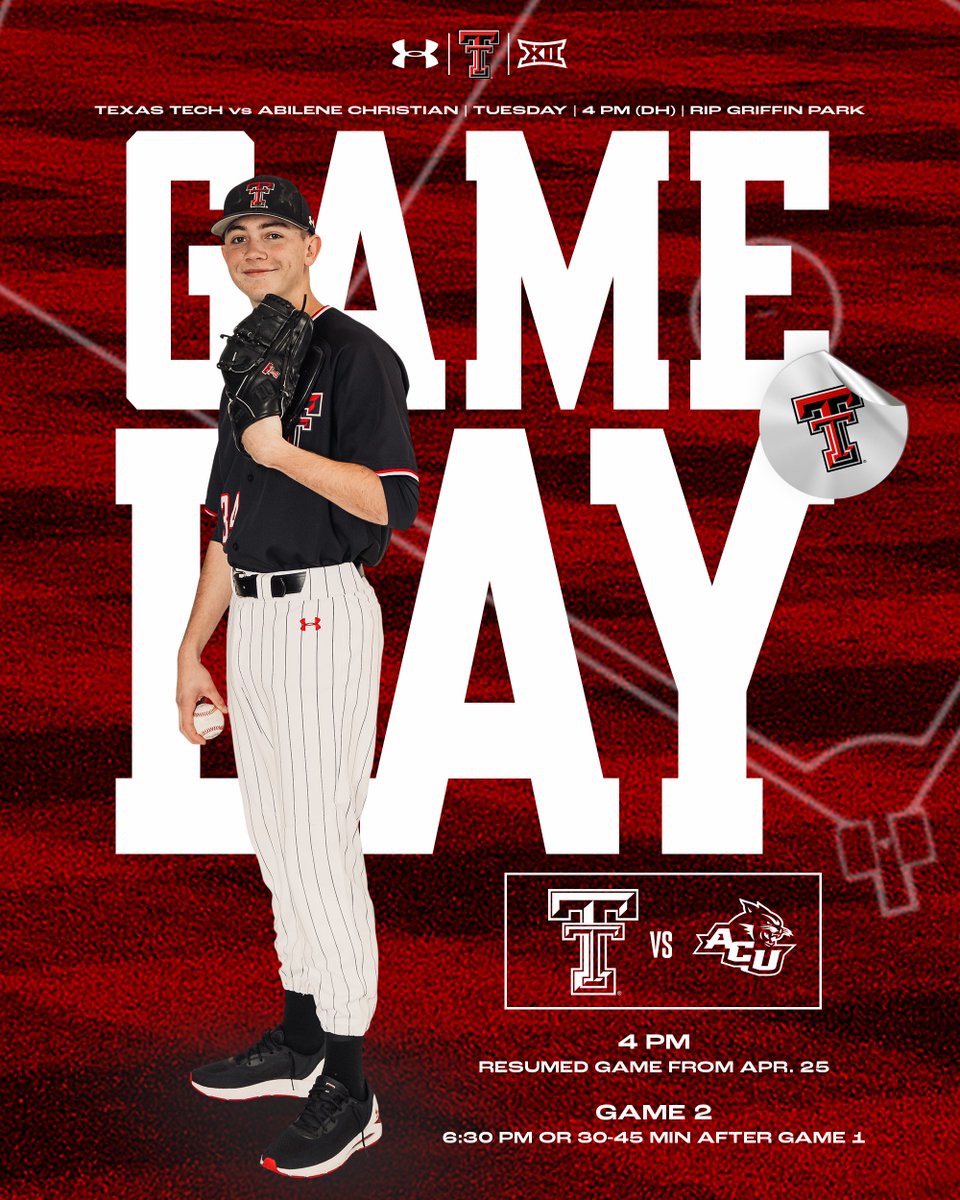 TTU_Baseball's tweet photo. Last midweek(s) of the year. 

🆚 ACU
⏰ 4 PM (Resumed game from 4/25)
⏰ 6:30 PM (or 30-45 min after Gm1)
📍 Rip Griffin Park 
📺 ESPN+
📻 Texas Tech Sports Network
🎟️ https://t.co/xUyl9Z1mLr https://t.co/qOwk9bzjne