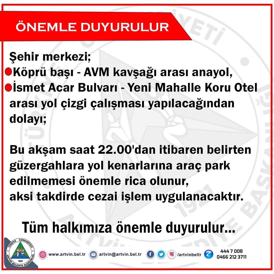 ArtvinBel's tweet photo. Şehir merkezi köprü başı-AVM kavşağı arası anayol,  İsmet Acar Bulvarı-Yeni Mahalle arası yol çizgi çalışması yapılacağından dolayı; bu akşam saat 22.00'dan itibaren belirten güzergâhlara yol kenarlarına araç park edilmemesi rica olunur, aksi takdirde cezai işlem uygulanacaktır. https://t.co/IBiCiUsN35