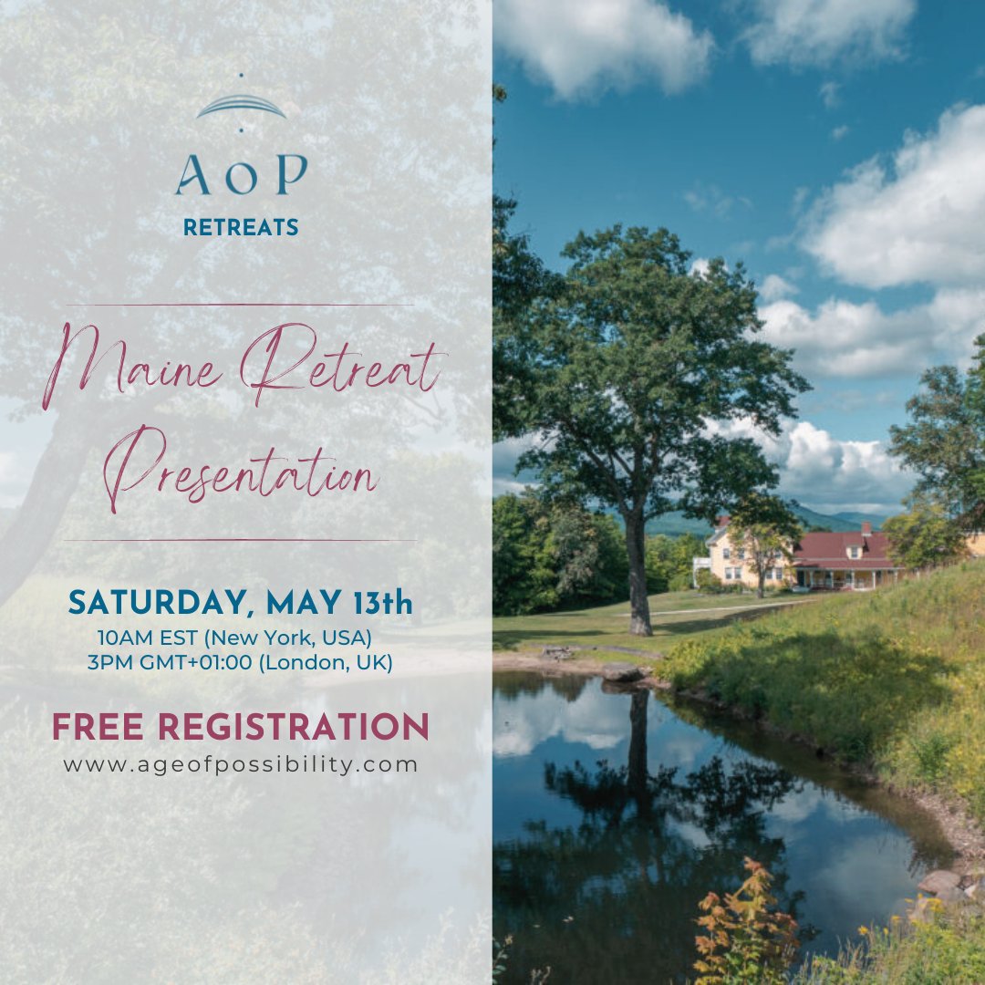 Join us this Saturday, May 13th, to learn more about our exciting upcoming retreats in Maine, USA, on September 20th-24th and September 27th-October 1st! Details and registration can be found on our website, linked in our bio. 

#ageofpossibility #wisdom #freeevents #mayevents