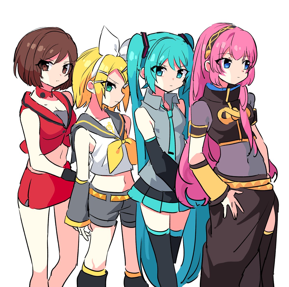 hatsune miku ,kagamine rin ,megurine luka ,meiko (vocaloid) 4girls skirt multiple girls crop top pink hair long hair twintails  illustration images