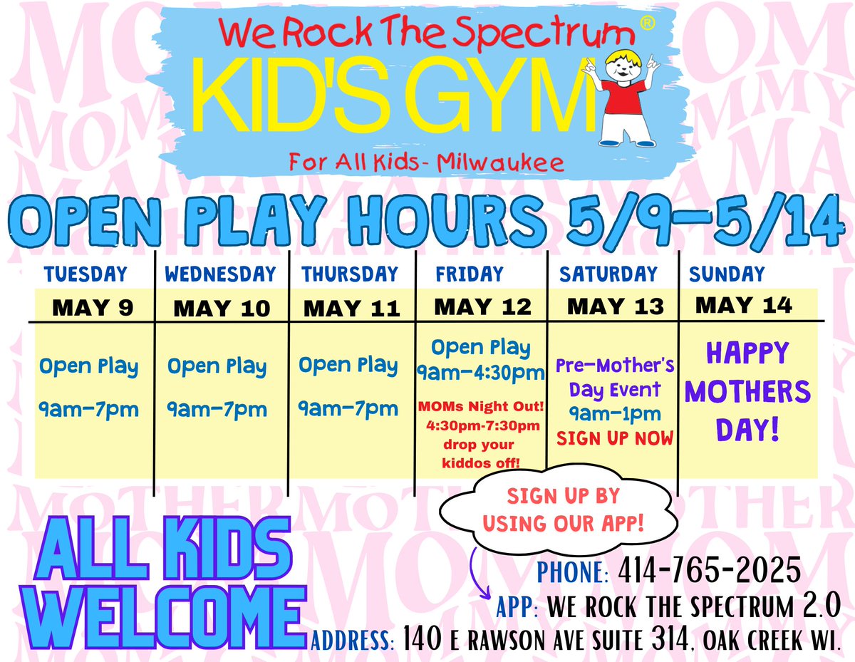 WRTSMilwaukee's tweet photo. We would love to give mom a break! sign up for our Parents Night Out this Friday May 12th !! #WRTSMilwaukee #kids #milwaukee #oakcreek #wisconsin #mkemom #mothersday #may2023 #werock #play #sensory https://t.co/DkYIKFgqk6