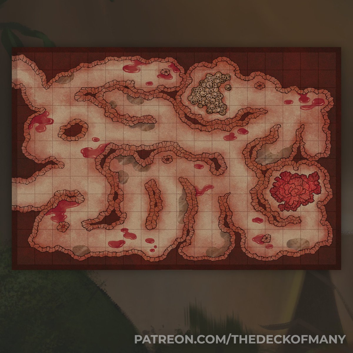 Agaar’s Lair (map)! The lair can be found deep within a cave on the edge of a forest. 🌳🌲 Within the lair is a collection of humanoid skulls from which specific traits were magically removed and infused into Agaar’s amber skull. 💀 patreon.com/thedeckofmany Art: @sillustrate