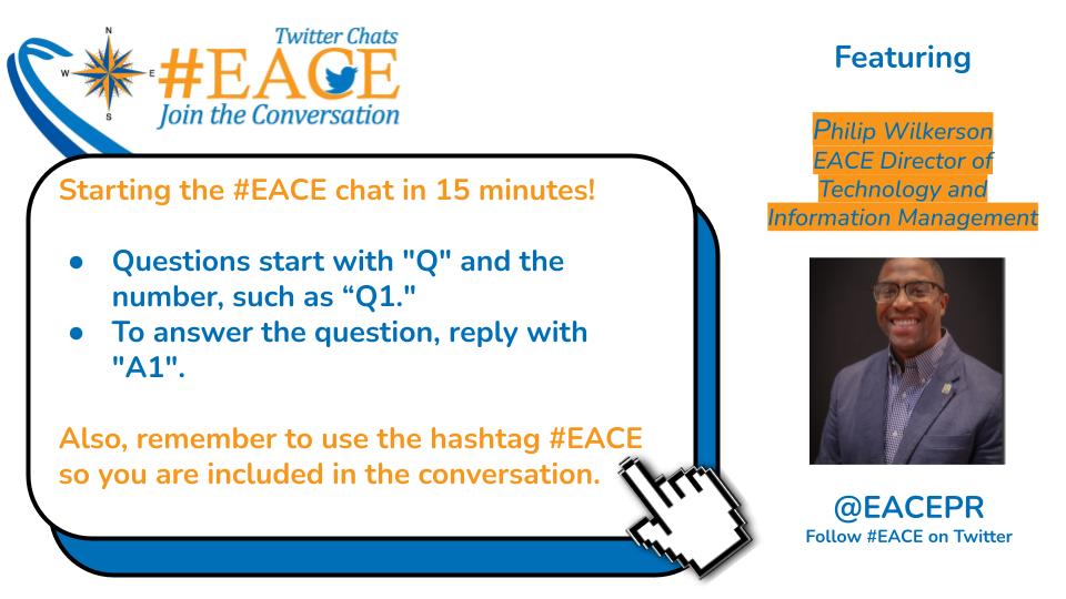 Philip_W3's tweet photo. Starting the #EACE chat in 15 minutes! 

Questions start with "Q" and the number, such as “Q1." 
To answer the question, reply with "A1". https://t.co/9W0ohqStQs