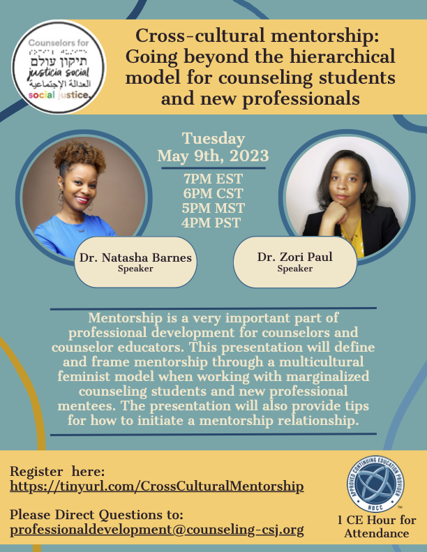 ✨Happening today!✨

I'll present a @CSJNational webinar on cross-cultural mentorship with the amazing Dr. Natasha Barnes at 7pm EST/ 6pm CST/ 5pm MST/ 4pm PST. 

🔗Register: tinyurl.com/CrossCulturalM…

#CounselorEd #CounselorEducation #TherapistTwitter