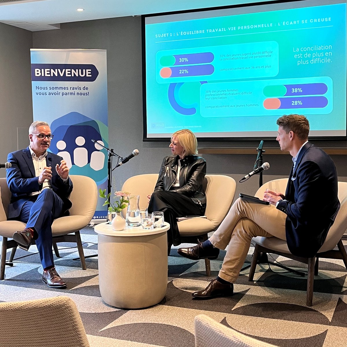 Nos collègues étaient présents ce matin au dévoilement du 4e sondage Travaillons ensemble du <a href="/RJCCQ/">RJCCQ</a>! Au menu: présentation des résultats du sondage sur les éléments qui influencent le travail des jeunes, pour trouver leurs intérêts et leurs besoins face aux conditions de travail.