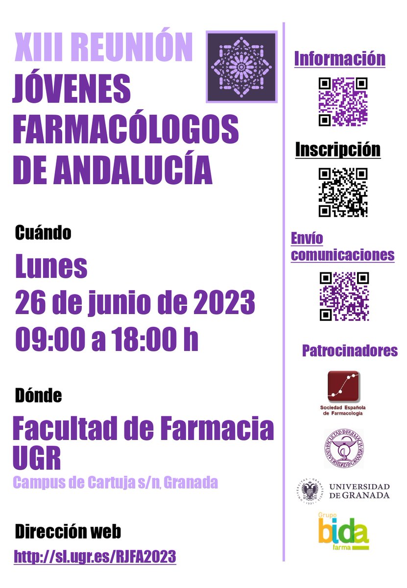 ImmunobioticLab's tweet photo. XIII Reunión de Jóvenes Farmacólogos de Andalucía.  Os esperamos en Granada el lunes 26 de junio de 2023. https://t.co/T1NA0ynEsL
@catedraaf,@GrupoBidafarma,@BidaFarma, @CanalUGR https://t.co/KQm5Pe0DSS