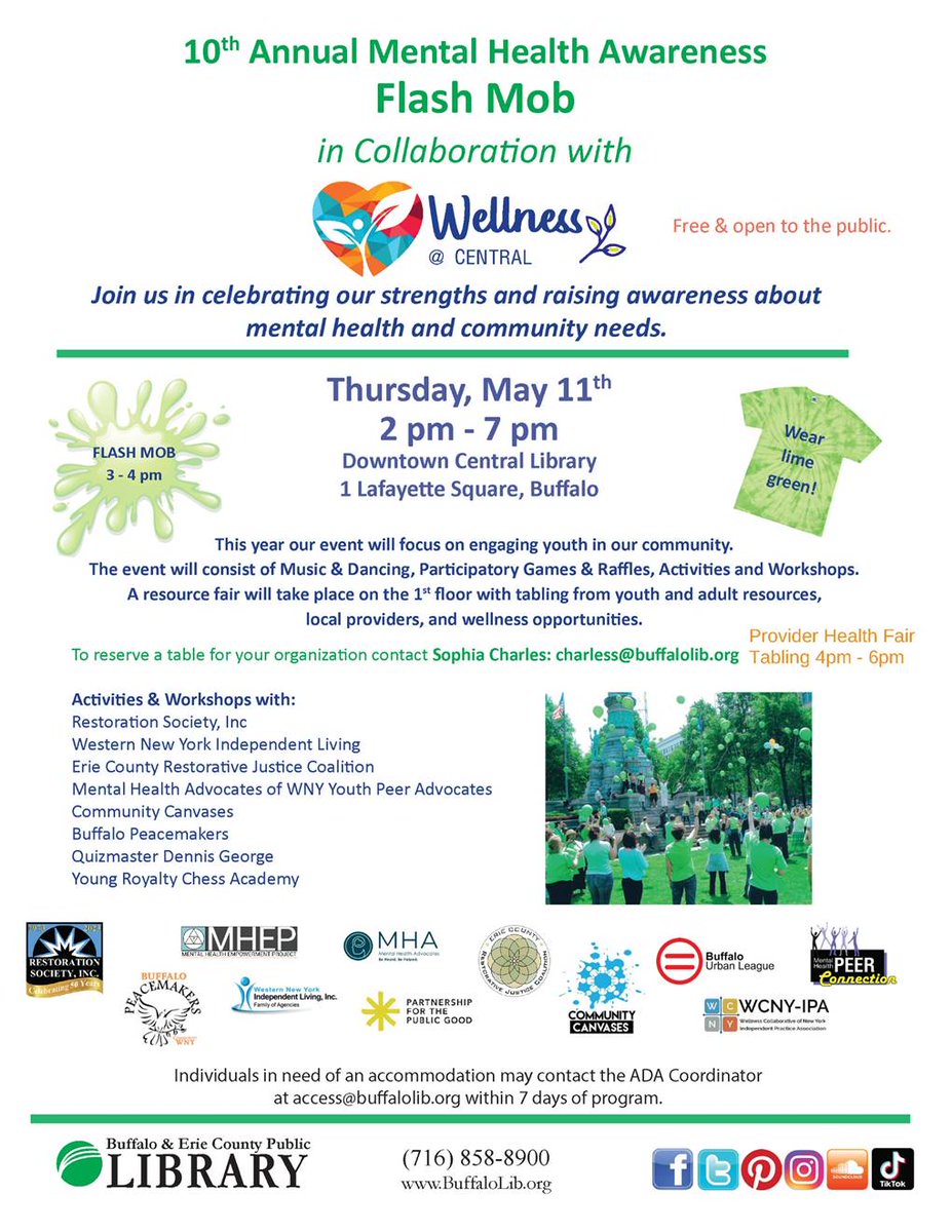 WNYILinc's tweet photo. We are so excited to participate in the 10th Annual Mental Health Awareness Flash Mob on May 11th from 2pm-7pm! Thank you to @buffalolibrary for letting us collaborate and be a part of something so important.
#mentalhealth #buffalo #ErieCounty #flashmob2023 https://t.co/XKCpSZG7o1