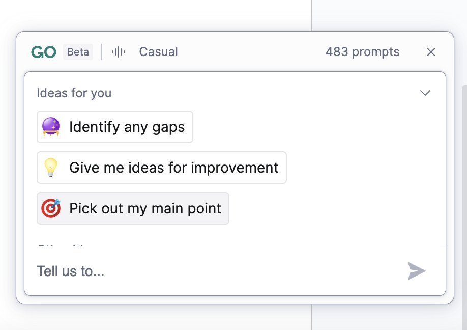 straightupkate's tweet image. I&apos;m having so much fun playing around with GrammarlyGO and its editing features.

You can identify gaps in your writing, ask for ideas on improving it, and pick out the main point of a piece of content.

@Grammarly #Grammbassador #grammarlygo