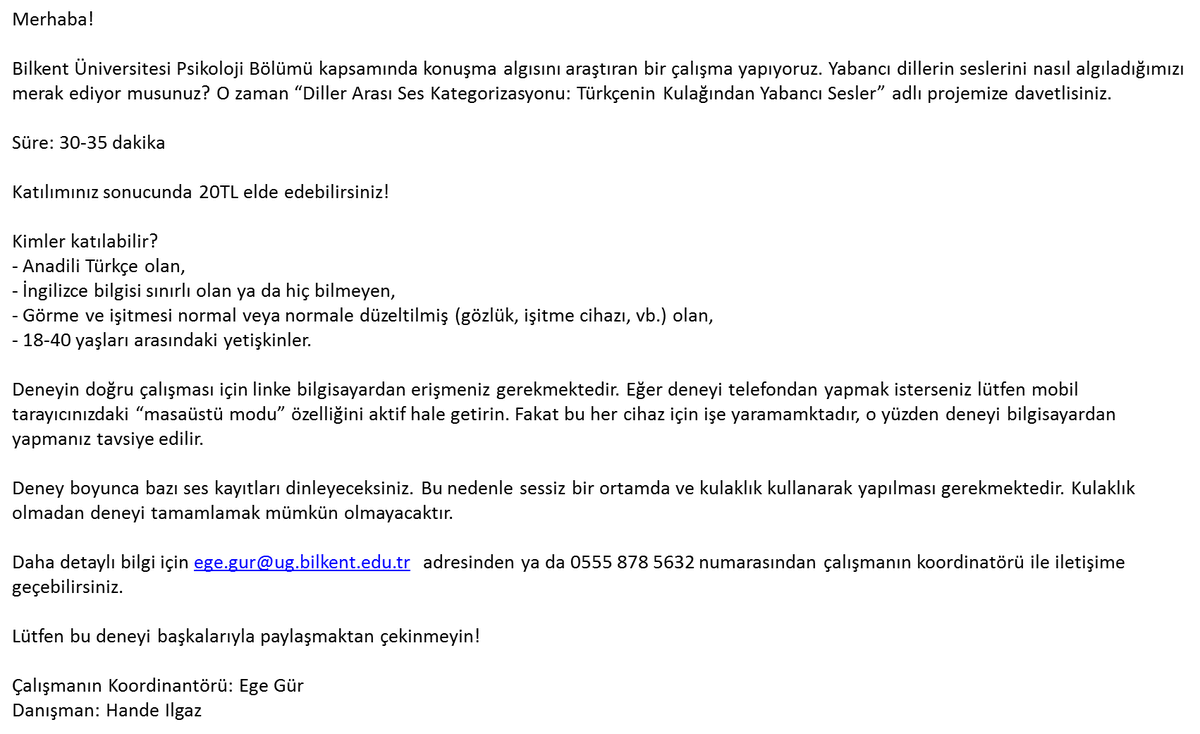 📢Turkish speakers wanted for online speech perception experiment

Need to have 👉limited/no knowledge of English👈 so please share the attachment and/or link with your Turkish friends who don't speak English.

Link to study: tinyurl.com/mrx5ea3a

@ethankutlu <a href="/hulyald/">Hülya</a>