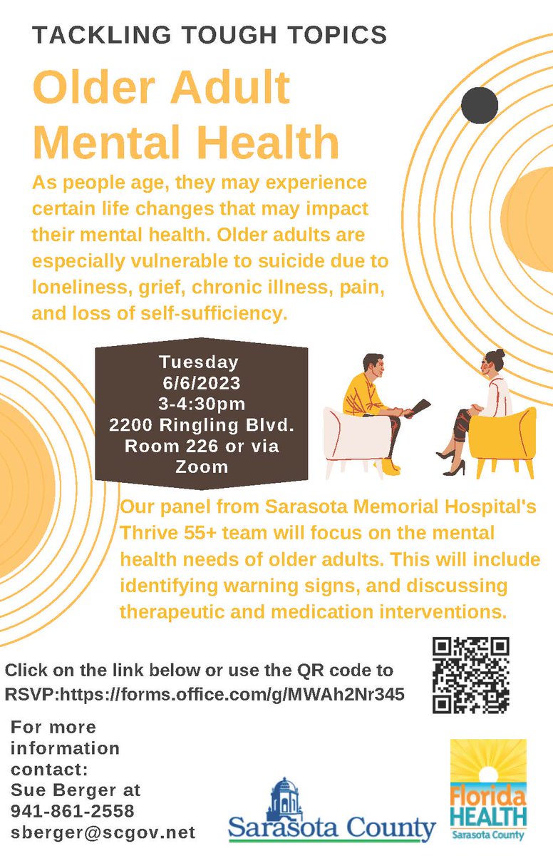 <a href="/AgeFriendlySRQ/">Age-Friendly Sarasota</a> Thank you Cheri for tweeting out the information on the second session in our series on Tackling Tough Topics. Older Adults and Mental Health.