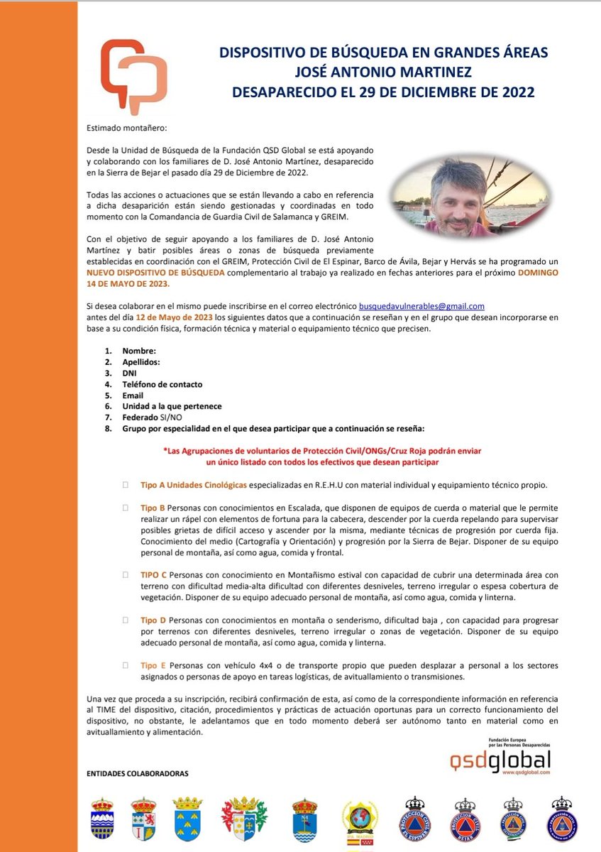 Desde la Oficina de Desaparecidos de El Espinar y Guadalix de la Sierra, y en nombre de su Director  D
Jose Angel Sánchez Lopez también Director de la unidad de busqueda B.GA/QSDGLOBAL , os hacemos llegar convocatoria de busqueda en Bejar el domingo 14de Mayo.