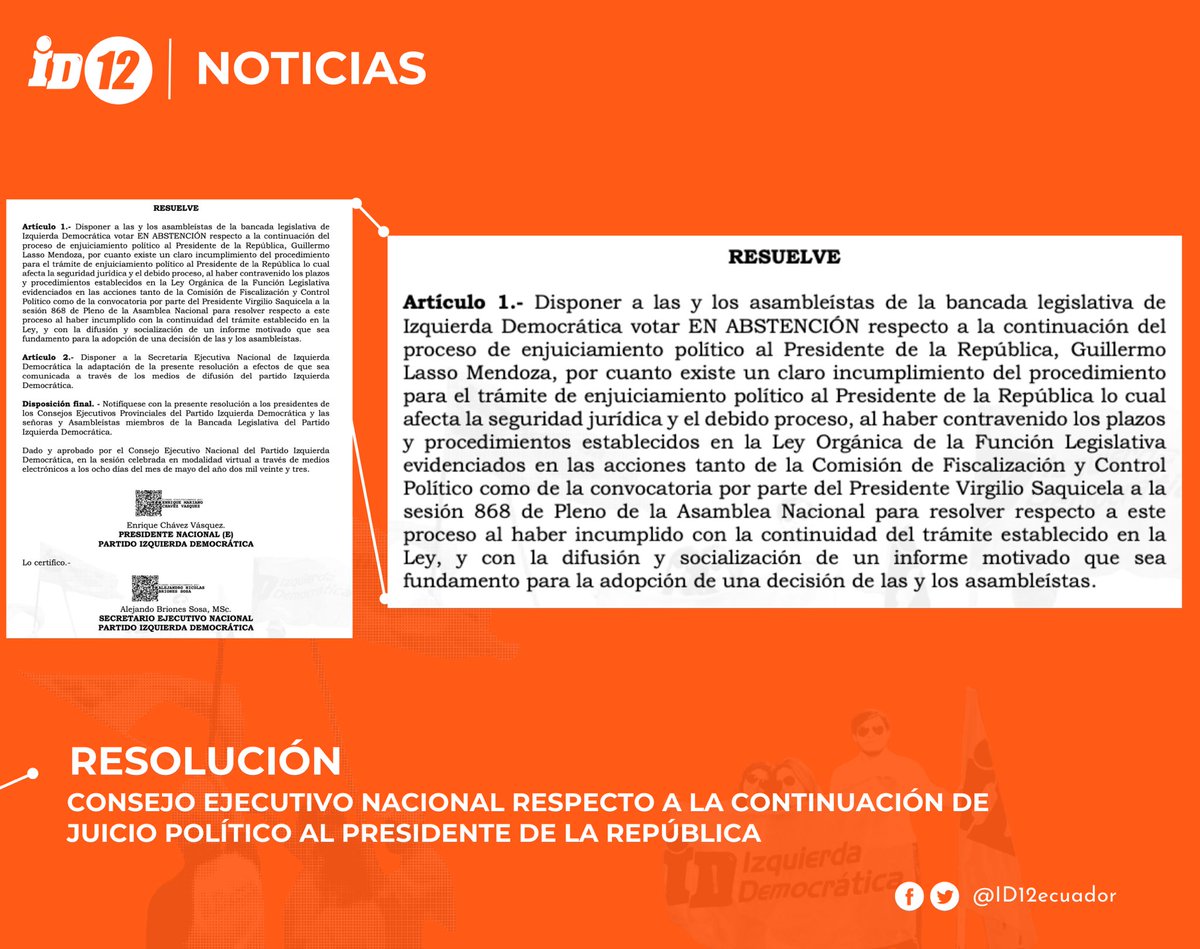 ID12Ecuador's tweet photo. COMUNICADO ⎜Por unanimidad, el Consejo Ejecutivo Nacional de #ID, máximo órgano de decisión política del Partido, resolvió votar ABSTENCIÓN en la continuación del enjuicimiamiento político al Presidente de la República, por incumplimientos con la Ley, plazos y el debido proceso. https://t.co/GPvEotunBC