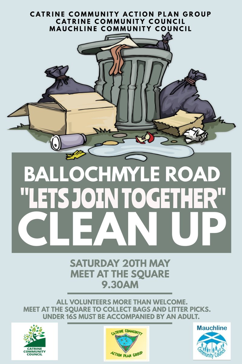 CatrinePlan's tweet photo. n collaboration with Catrine Community Council and Mauchline Community Council we shall be hitting the Road tae Ballochmyle . As always all volunteers most welcome, come along and join in the fun!! #catrinecommunityactionplangroup #catrinecommunitycouncil #Mauchline #bigcleanup https://t.co/B9kyfWAriG