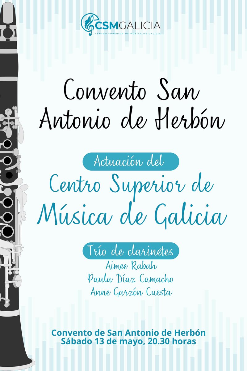 Este sábado nos desplazamos al 📍Convento San Antonio de Herbón👏

A partir de las 20.30 horas podremos disfrutar de la actuación del #CSMGalicia de la mano del trío de clarinetes conformado por Aimee Rabah, Paula Díaz Camacho y Anne Garzón Cuesta🎶

¡Os esperamos!🤩