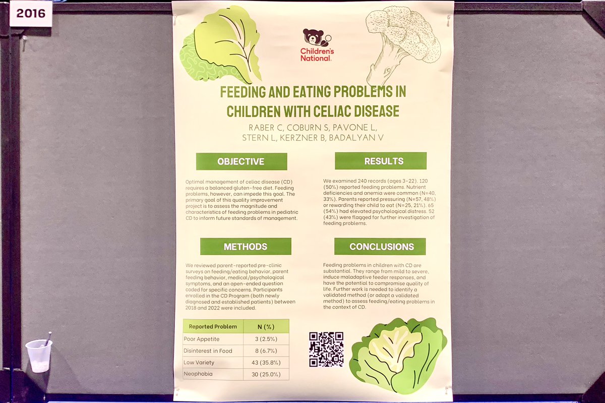 NeeraGuptaMD's tweet photo. Check out Poster 2016 on “Feeding &amp; Eating Problems in Children with #Celiac Disease” by Ms Catherine Raber, Dr Shayna Coburn, Ms Lauren Pavone, Ms Lori Stern, Dr Benny Kerzner &amp; Dr Vahe Badalyan @ChildrensNatl @AmerGastroAssn #PGDB @DDWMeeting #DDW2024 https://t.co/zF7VUcoAz8
