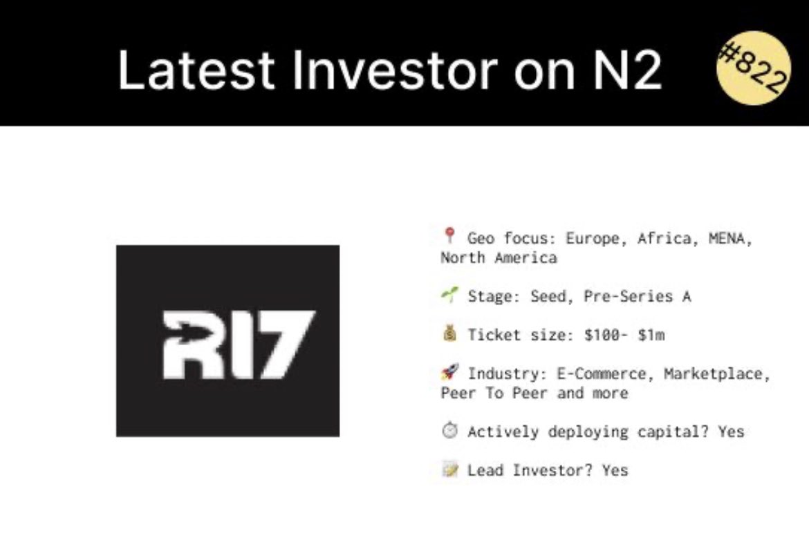 n2_community's tweet photo. 🚀   We're thrilled to welcome R17 Ventures to N2, the premier platform bridging the gap between startups and investors, streamlining the funding process and empowering founders to succeed. https://t.co/0c7ZyGmV9m