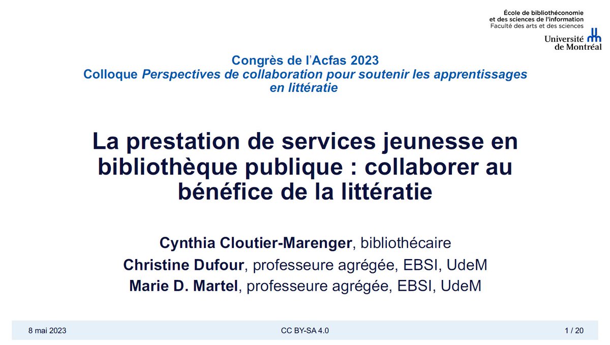 cdufour's tweet photo. Pour un aperçu de notre communication à #ACFAS c'est ici : https://t.co/3k4Fz5lLdl. [Cloutier-Marenger, Cynthia; Dufour, Christine; Martel, Marie D. La prestation de services jeunesse en bibliothèque publique : collaborer au bénéfice de la littératie] https://t.co/T8W4yIBO1O