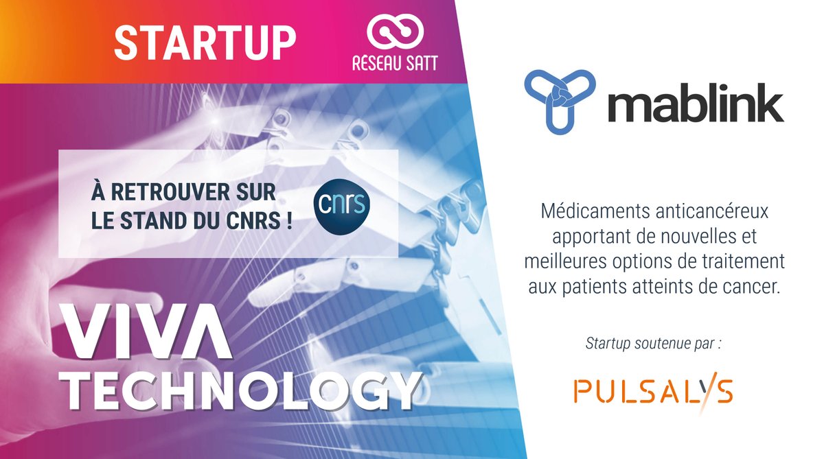 ReseauSATT's tweet photo. Les #startups @ReseauSATT à @VivaTech 2023 ! 🚀

🔸 #MablinkBioscience est une #startup accompagnée par @Pulsalys qui développe des médicaments anticancéreux apportant de nouvelles options de traitement aux patients. A retrouver sur le stand @CNRS

▶️ https://t.co/K4rEKJe4nm https://t.co/Sw8HV0qgv6