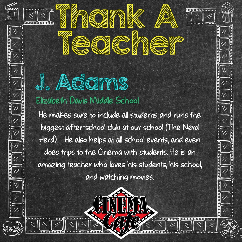 Our next #ThankATeacher2023 Honoree: J. Adams from Elizabeth Davis Middle School

Great teachers make lasting impressions. We're proud to reward your hard work with TWELVE MONTHS of movies. Thank you for being a GREAT teacher, Mr. Adam! We look forward to seeing you at the m…