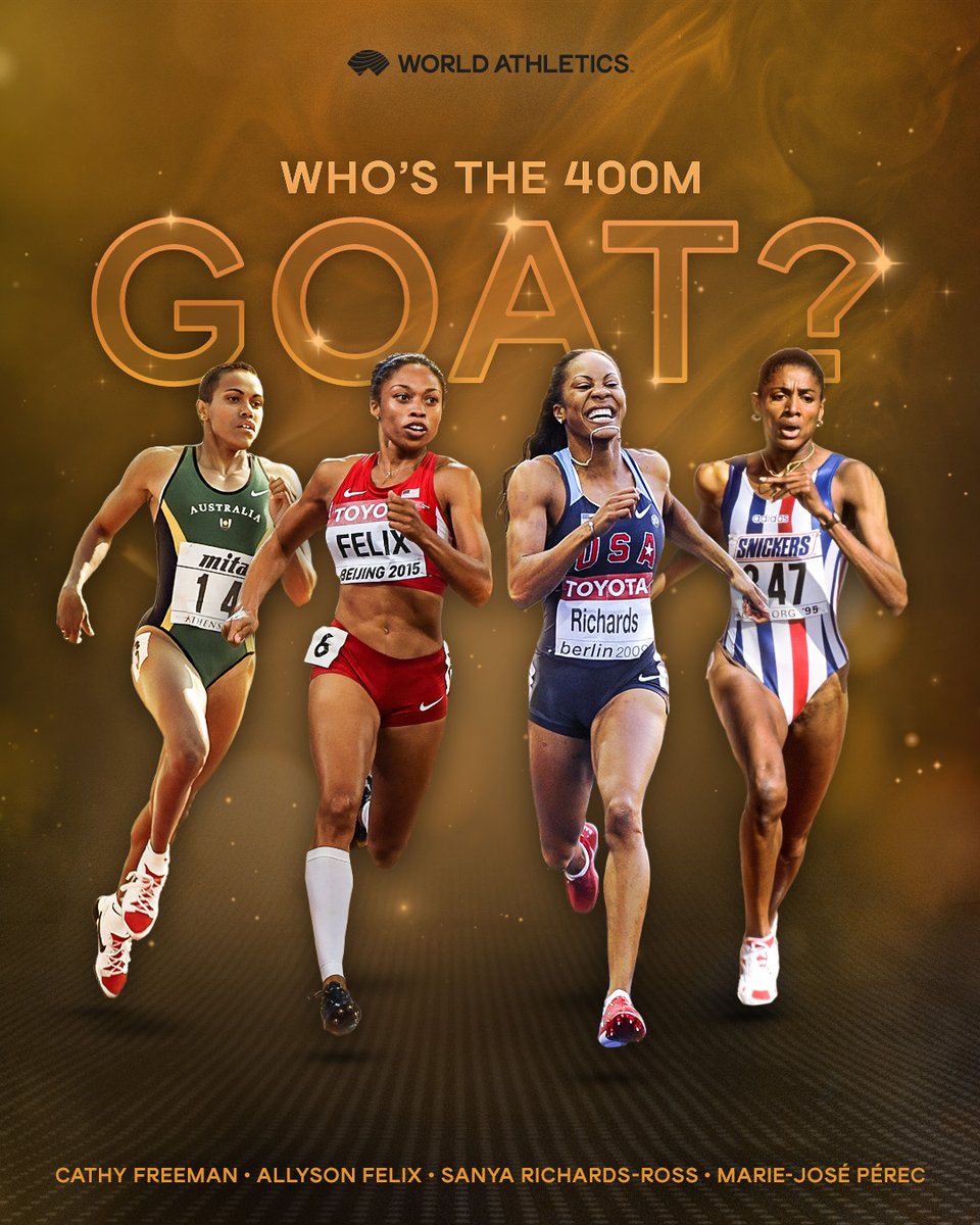 World Athletics (@worldathletics) on Twitter photo 400m 🐐 hunt.
On <a href="/marijoperec/">Marie José Pérec</a>'s birthday we need your help to find out who the greatest 400m athlete is in the history of the #WorldAthleticsChamps? 400m 🐐 hunt.
On <a href="/marijoperec/">Marie José Pérec</a>'s birthday we need your help to find out who the greatest 400m athlete is in the history of the #WorldAthleticsChamps?