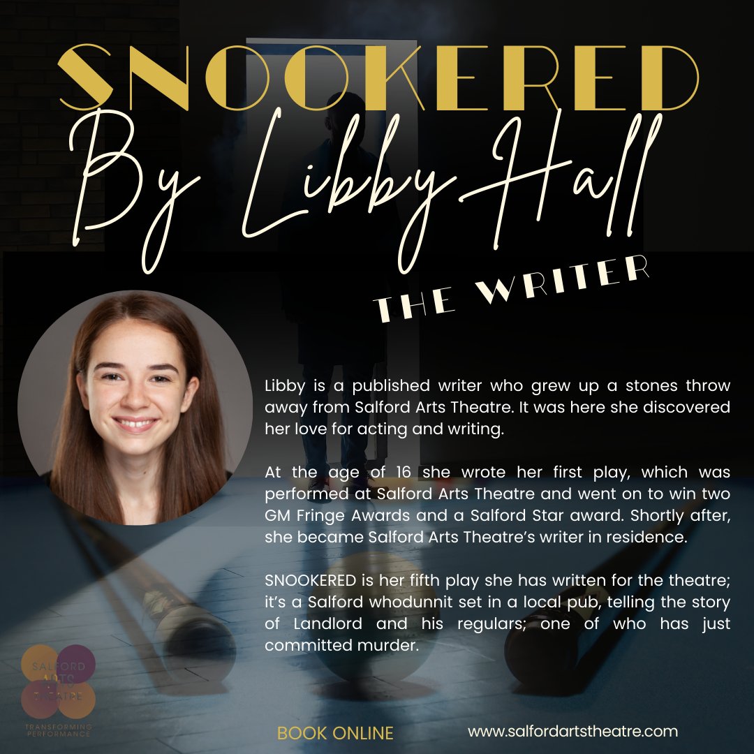 SalfordArts's tweet photo. Libby Hall Award winning & Published Writer SNOOKERED new play commissioned by Salford Arts Theatre A Salford whodunnit
27th -30th June | 7.30pm
https://t.co/NnDnC74twB
#whodunnit
#salford
#salfordpub
#newwriter
#newwritng
#published
#theatre https://t.co/Os4qB1FVha