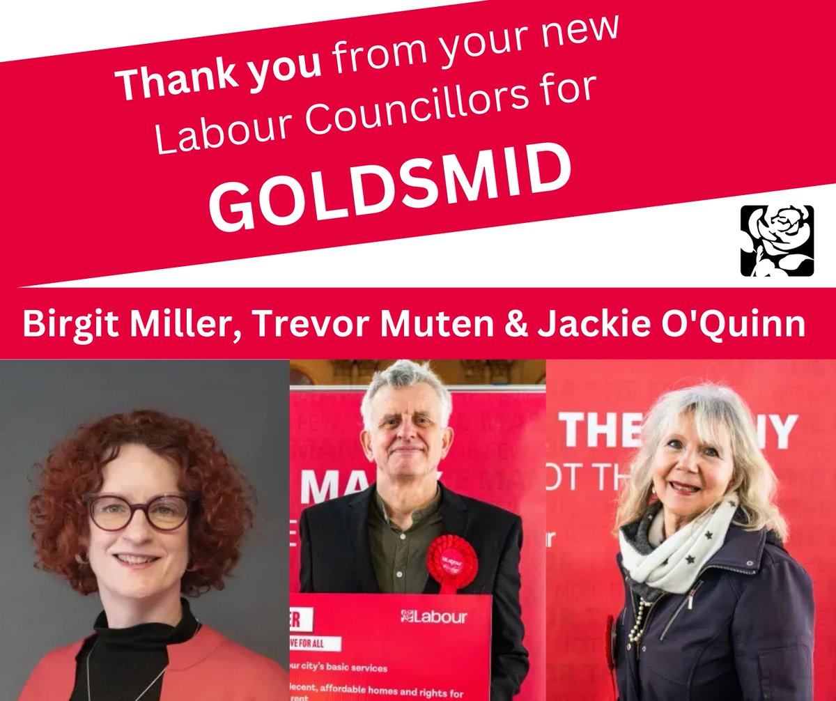 Introducing your new <a href="/bhlabour/">Brighton & Hove Labour Party</a> councillors for #Goldsmid ward:

🌹 Cllr @birgit4goldsmid 
🌹 Cllr <a href="/TrevMu10/">Cllr Trevor Muten</a> 
🌹 Cllr <a href="/jacquelquinn/">Jacqueline Quinn</a> 

They are all delighted and grateful for your support in the #localelections and are ready to work hard in service of all residents ✅