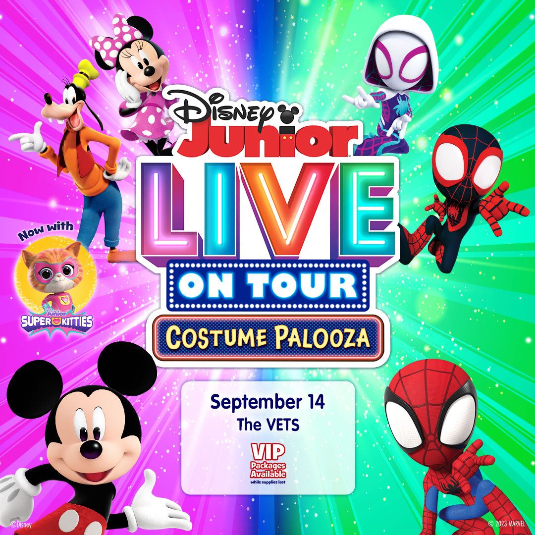 Disney Junior Live On Tour: Costume Palooza is coming to The VETS September 14! Join Mickey, Minnie, their pals, and Marvel’s Spidey and his Amazing Friends! Tickets on sale Friday! Info: bit.ly/41fFVsa #DisneyJuniorTour