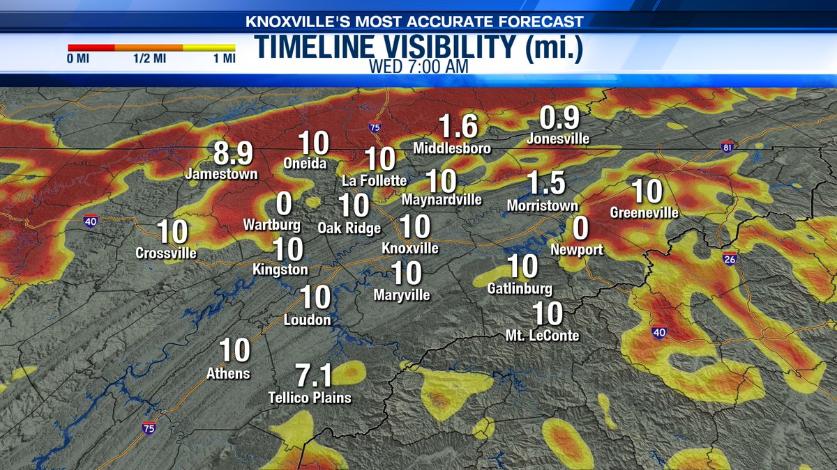 wateweather's tweet image. Some isolated dense fog will be possible early Wednesday morning. Temperatures early tomorrow are a touch cooler in the mid to upper 50s. #TNwx #WATEwx